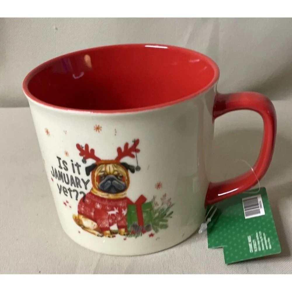 Pug Dog Puppy Mug Cup Ceramic Is It January Yet?? 17 Oz NEW Sleigh Bell